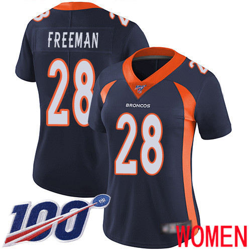 Women Denver Broncos 28 Royce Freeman Navy Blue Alternate Vapor Untouchable Limited Player 100th Season Football NFL Jersey